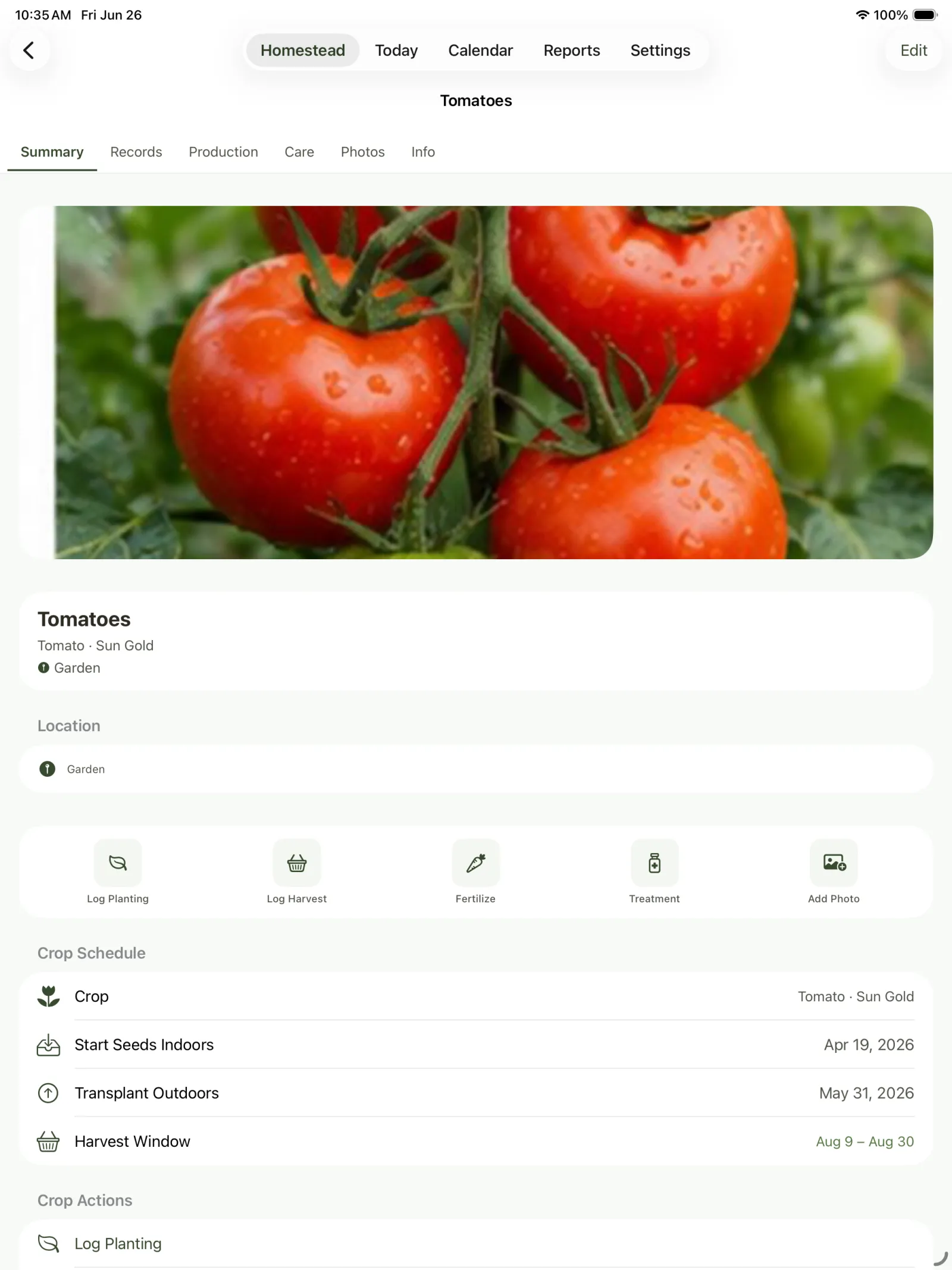Tomatoes record screen with photo, summary details, and action buttons.